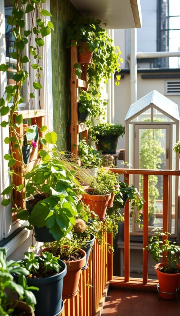 A cozy balcony garden with a vibrant, DIY vertical planter system. A lush arrangement of trailing vines, cascading greenery, and potted plants adorns the railing, creating a verdant oasis. Warm, natural lighting filters through the scene, casting a soft, inviting glow. The vertical planters, crafted from repurposed wood and metal, add visual interest and efficient space utilization. In the background, a miniature greenhouse structure stands, its transparent panels allowing the cultivation of delicate seedlings and herbs. The overall composition exudes a sense of tranquility and the joy of urban gardening, perfectly capturing the "Embracing DIY Projects: Vertical Planters and Mini Greenhouses" theme.