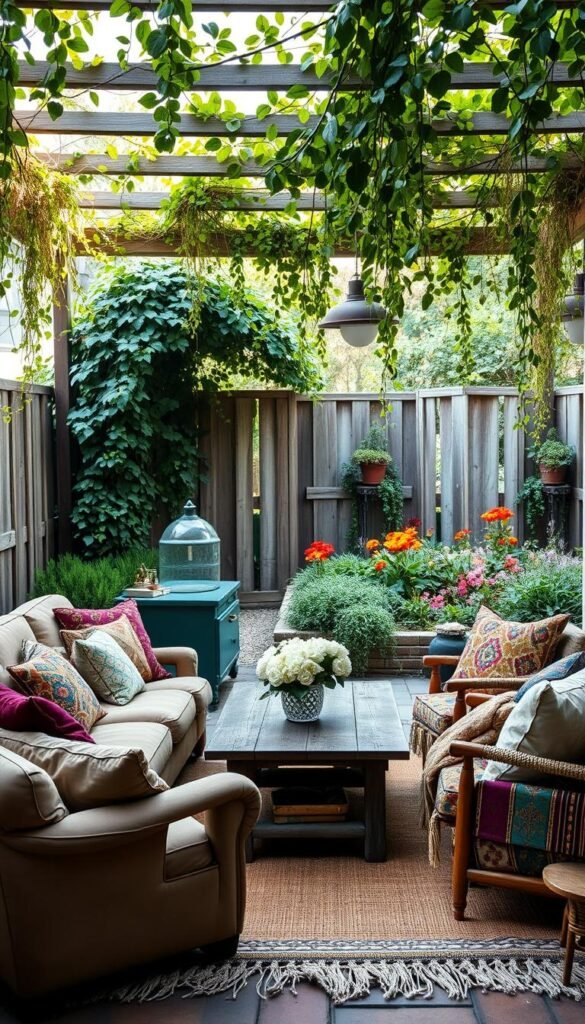 A cozy boho garden nook with a plush, low-slung sofa and overstuffed armchairs, arranged around a weathered wood coffee table. The seating is layered with an array of patterned textiles, from velvety jewel-toned pillows to hand-woven rugs in earthy tones. Trailing vines and lush greenery spill from overhead trellises, casting a soft, dappled light across the scene. In the background, a backdrop of weathered wooden fencing and a verdant garden filled with vibrant flowers. An inviting, serene atmosphere perfect for relaxing and entertaining.