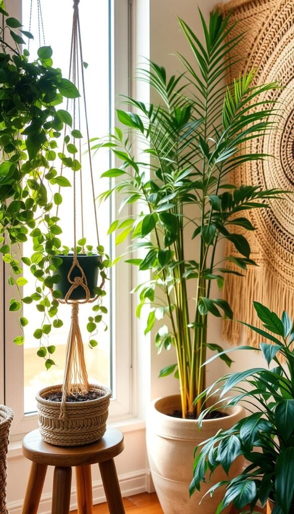 A cozy boho-style corner filled with lush greenery and natural textures. In the foreground, a macrame plant hanger suspends a trailing potted plant, its leaves cascading gracefully. Beneath, a woven basket planter sits atop a rustic wooden stool. The middle ground features a tall, leafy plant in a ceramic pot, its fronds catching the warm, natural light filtering in through a large window. In the background, a woven wall hanging or tapestry adds depth and a bohemian ambiance to the scene. The overall mood is one of tranquility, harmony, and a connection to nature, perfectly suited for a cozy, plant-filled corner.