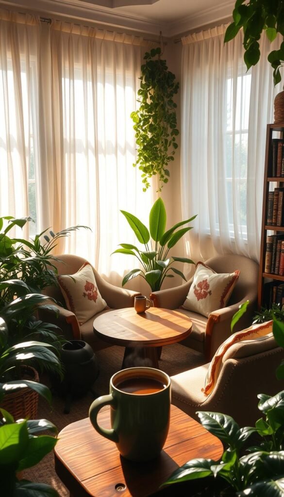 A cozy coffee nook nestled in a sun-drenched corner, surrounded by lush, verdant plants. Soft, warm lighting filters through sheer curtains, casting a gentle glow over plush armchairs and a sturdy wooden table. The scene is accented by decorative throw pillows, a bookshelf filled with well-worn volumes, and a steaming mug of rich, aromatic coffee. The atmosphere is one of tranquility and relaxation, inviting the viewer to sink into the cozy embrace of this charming, plant-filled sanctuary.
