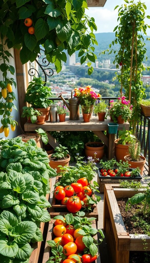 A cozy container garden setup on a sun-drenched balcony, overflowing with thriving vegetables and lush greenery. In the foreground, raised garden beds brimming with leafy kale, plump tomatoes, and vibrant bell peppers. A mix of terracotta pots and wooden planters house fragrant herbs, cascading vines, and cheerful flowers, creating a harmonious display. The middle ground features a weathered potting bench, adorned with gardening tools and a watering can, inviting the viewer to roll up their sleeves and get their hands dirty. In the background, a wrought-iron railing frames the scene, beyond which a cityscape or verdant landscape can be glimpsed, hinting at the urban oasis. Warm, natural lighting filters through, casting a gentle glow and enhancing the lush, abundant atmosphere of this container garden sanctuary.