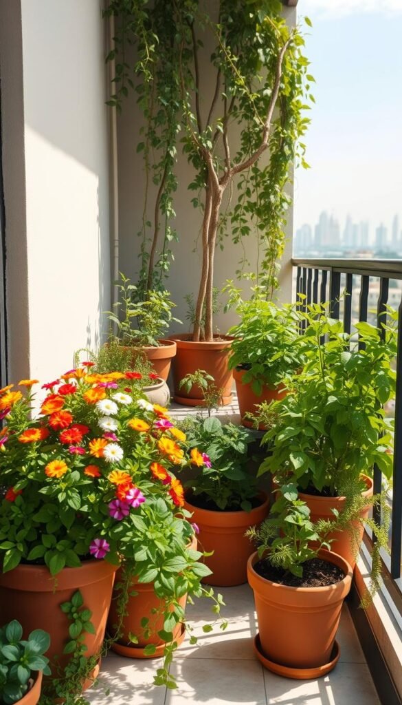 A cozy corner of a small urban balcony, overflowing with a vibrant assortment of potted plants and cascading greenery. In the foreground, a mix of colorful flowering annuals and trailing vines spill over the edges of terracotta pots, creating a lush, textured display. In the middle ground, a few larger potted shrubs and herbs provide height and structure, casting soft shadows on the tiled floor. The background features a minimalist wrought-iron railing, allowing the greenery to take center stage, with a glimpse of the city skyline peeking through. The scene is bathed in warm, natural light, lending a serene, welcoming atmosphere to this compact, yet flourishing oasis.