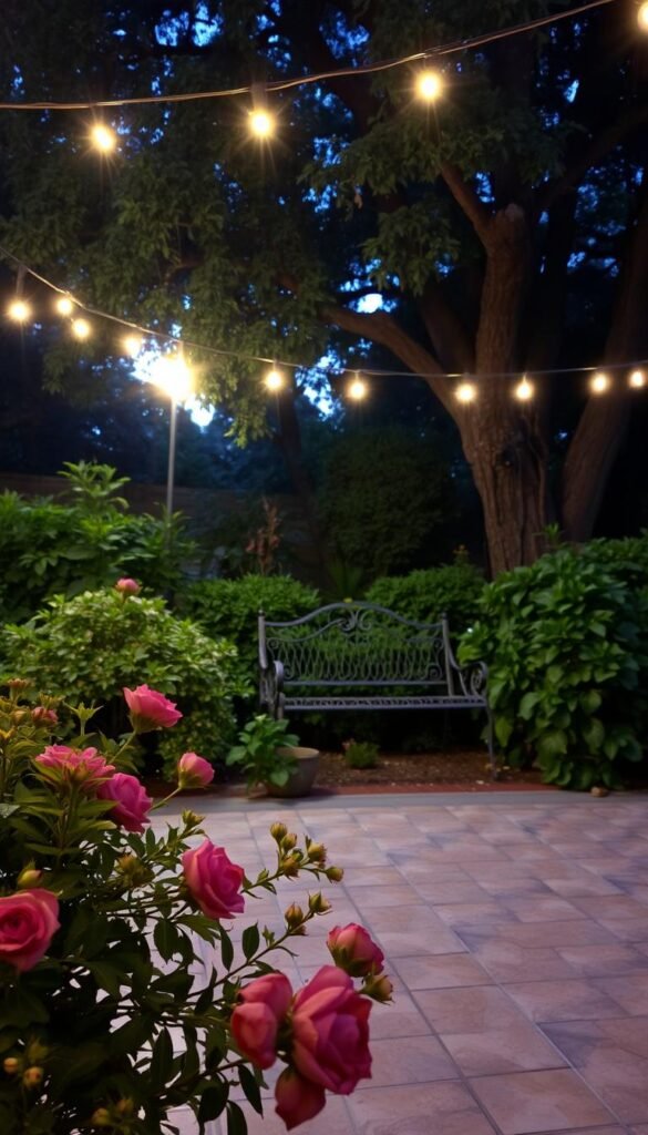 A cozy evening garden, bathed in a warm, inviting glow. In the foreground, a lush floral arrangement casts gentle shadows on the mosaic-tiled patio. Overhead, delicate string lights twinkle like a constellation, casting a soft, ambient light. In the middle ground, a wrought-iron garden bench sits nestled among leafy shrubs, beckoning for a moment of tranquil reflection. The background is framed by towering trees, their branches swaying gently in the evening breeze. The overall atmosphere is one of serene relaxation, perfect for an evening of reading and quiet contemplation.