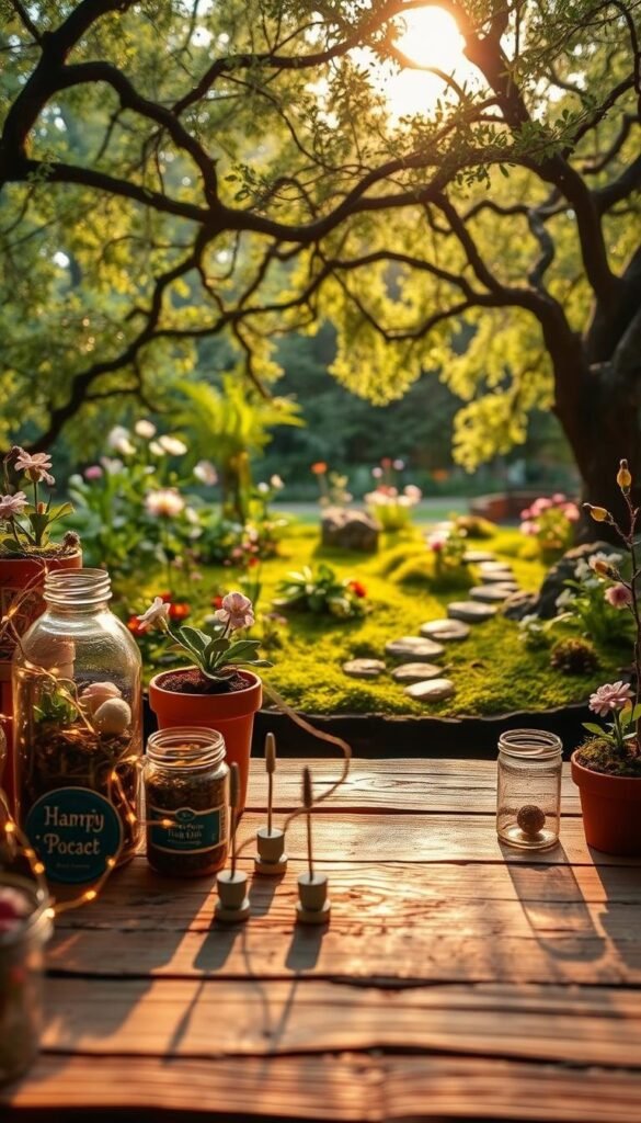 A cozy fairy garden scene with an array of whimsical supplies and materials. In the foreground, delicate glass jars, miniature flower pots, and twinkling fairy lights are arranged on a rustic wooden table, bathed in warm, golden afternoon light. In the middle ground, a lush, verdant landscape with blooming flowers, mossy stones, and a small winding path invites exploration. In the background, a canopy of enchanted trees with gently swaying branches creates a sense of magical seclusion. The overall atmosphere is one of enchantment, inviting the viewer to imagine the possibilities of crafting a charming, whimsical fairy garden retreat.