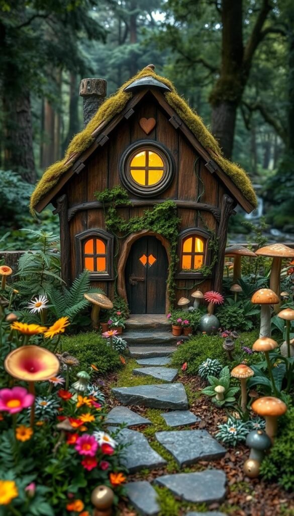 A cozy fairy house nestled in a lush, overgrown garden. The front facade features intricate woodwork with delicate vines crawling up the sides, creating a enchanting, mossy exterior. Warm, golden light filters through the windows, hinting at the whimsical interior. In the foreground, a small stone path leads to the entryway, flanked by vibrant wildflowers and ferns. The middle ground is filled with a variety of mushrooms, toadstools, and other fantastical flora, while the background depicts a dense, enchanted forest with towering trees and a glimpse of a babbling brook. The scene exudes a sense of wonder and tranquility, inviting the viewer to step into this magical, miniature realm.