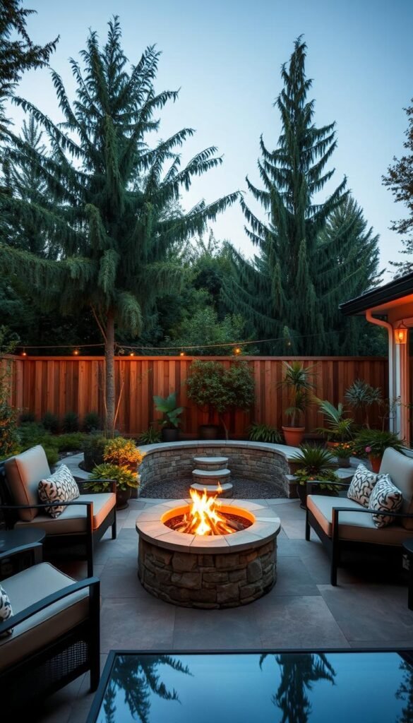 A cozy fire pit seating area nestled in a lush backyard oasis. In the foreground, comfortable outdoor lounge chairs and a large, crackling fire pit, illuminating the space with a warm, inviting glow. The middle ground features a natural stone patio, interspersed with vibrant greenery and potted plants. In the background, a wooden privacy fence and tall, swaying trees create a peaceful, secluded ambiance. Soft, diffused lighting casts a serene, intimate atmosphere, perfect for relaxing with family and friends on a cool evening. Shot with a wide-angle lens to capture the expansive, tranquil setting.