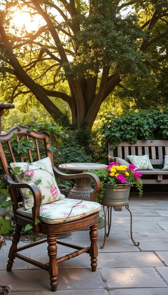 A cozy garden nook with repurposed patio furniture. In the foreground, an antique wooden chair with a plush floral cushion, its weathered frame entwined with cascading vines. In the middle ground, a repurposed metal end table, now a charming planter overflowing with vibrant blooms. The background features a rustic wooden bench, its seat adorned with lush greenery spilling over the sides. Warm, afternoon sunlight filters through the canopy of mature trees, casting a soft, golden glow across the scene. The overall atmosphere is one of tranquil, whimsical rejuvenation, where old furniture finds new life as garden features.
