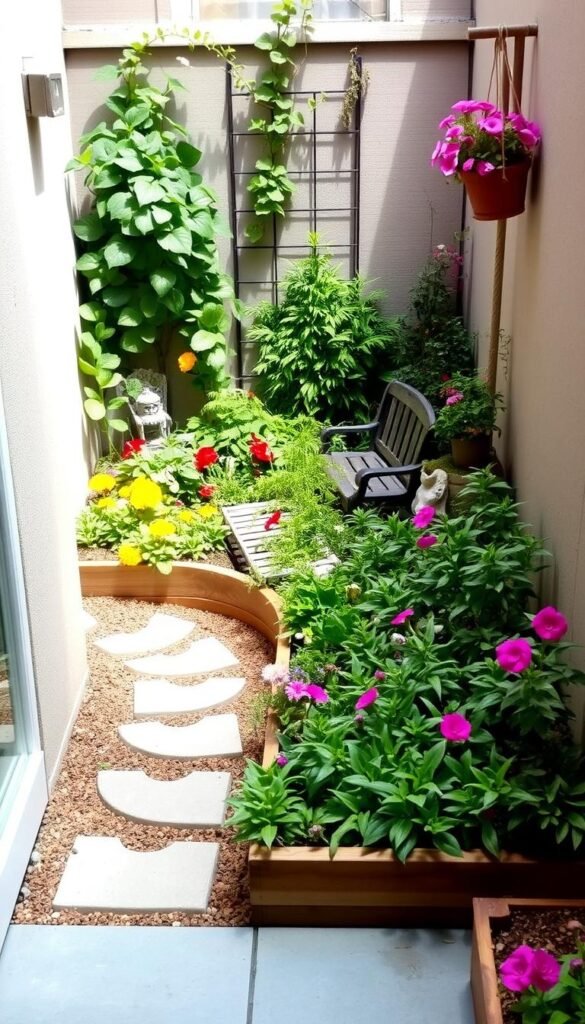 A cozy garden oasis in a small urban space, brimming with vibrant flowers and lush greenery. Soft, diffused natural lighting illuminates a neatly organized raised garden bed, its compact design maximizing the available square footage. Ornamental stone pathways wind through the verdant foliage, leading the eye towards a charming wooden bench nestled in the corner. Carefully curated potted plants and decorative trellises add height and visual interest, creating an inviting and visually striking small-space garden design.