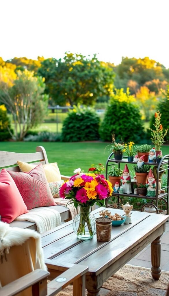 A cozy garden patio adorned with an eclectic mix of thrifted seasonal decor. In the foreground, an old wooden bench is dressed with colorful throw pillows and a plush blanket. On the tabletop, a vintage glass vase holds a vibrant floral bouquet. In the middle ground, a rustic metal cart displays an assortment of potted plants, garden gnomes, and whimsical ceramic figurines. The background features a lush, verdant landscape with trees and shrubs in the distance, bathed in warm, golden afternoon light. The overall scene evokes a sense of homey charm and a celebration of found objects reimagined as garden art.