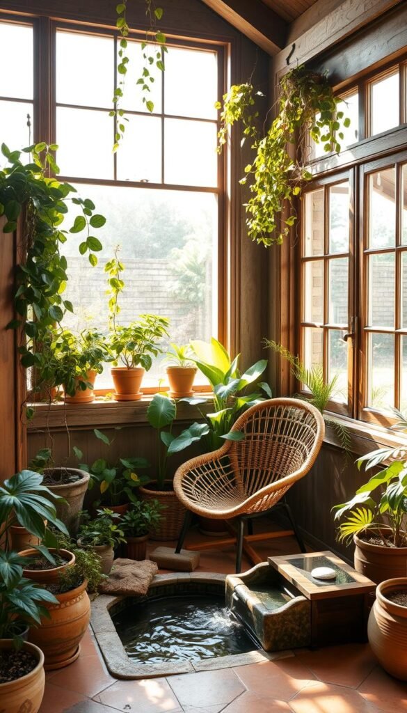 A cozy garden room flooded with natural light, featuring a lush mix of potted plants, trailing vines, and a woven rattan chair nestled in the corner. The space is adorned with weathered wooden accents, terracotta tiles, and a small water feature that gently bubbles, creating a soothing ambiance. Soft, diffused sunlight filters through large windows, casting a warm, earthy glow throughout the tranquil oasis. The overall atmosphere evokes a sense of serenity and invites the viewer to pause, relax, and immerse themselves in the harmonious integration of indoor and outdoor elements.