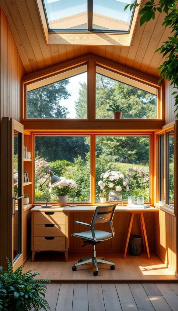 A cozy home office shed with large windows, abundant natural light, and a minimalist, Scandinavian-inspired design. The shed's exterior features warm wood paneling and a sleek, modern aesthetic. Inside, a well-organized workspace with a clean-lined desk, ergonomic chair, and shelves displaying plants and decorative items. The shed is situated in a lush, green garden setting, with glimpses of flowering shrubs and trees visible through the windows, creating a tranquil, nature-inspired atmosphere. The lighting is a combination of natural daylight and subtle, task-oriented lamps, providing a balanced, productive ambiance. The overall composition conveys a harmonious blend of functionality and relaxation, an ideal setting for focused work and creative inspiration.