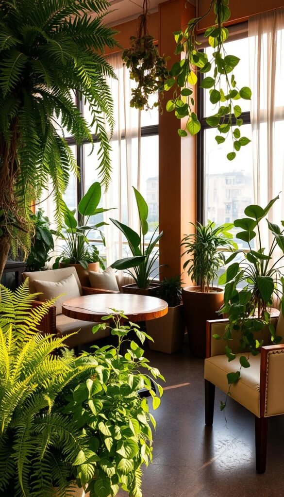 A cozy indoor café setting, bathed in warm, diffused natural light. In the foreground, an artful arrangement of thriving houseplants - lush ferns, cascading philodendrons, and verdant pothos vines spilling from ceramic planters. The middle ground features a wooden café table, topped with a rustic wood slab, surrounded by comfy upholstered chairs. In the background, large windows overlooking a tranquil urban scene, framed by delicate sheer curtains. The overall mood is one of serene, plant-filled sanctuary, perfect for sipping a hot beverage and enjoying a quiet moment.