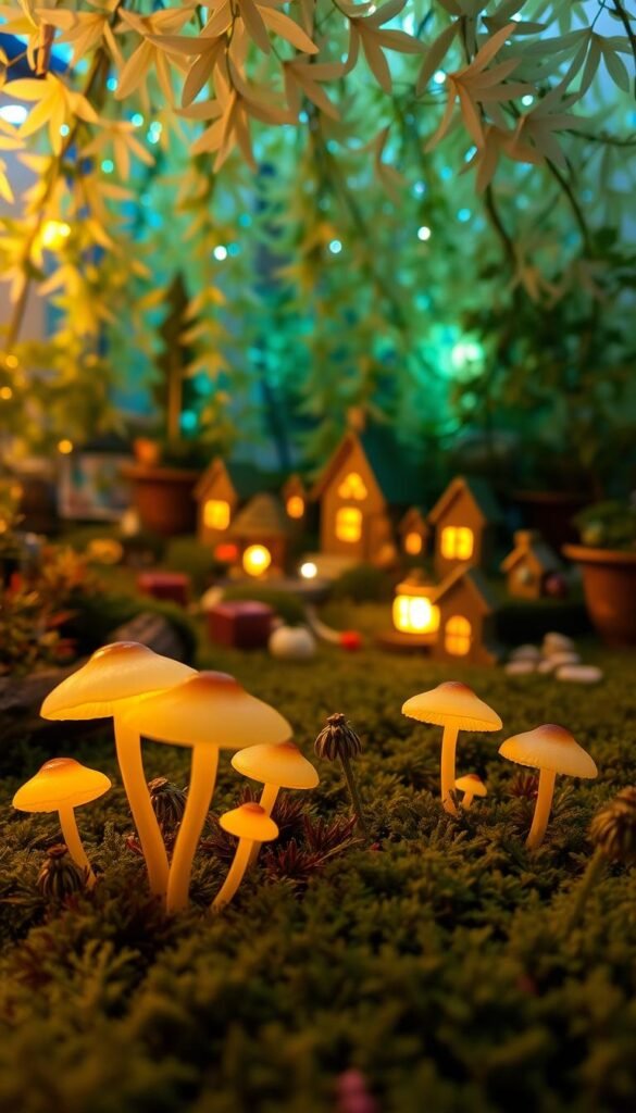 A cozy indoor fairy garden, bathed in a warm, ethereal glow. In the foreground, a cluster of glowing mushrooms sprout from the moss-covered ground, their caps softly illuminating the delicate ferns and wildflowers around them. In the middle ground, a whimsical arrangement of miniature fairy houses, each with glowing windows and lanterns, nestled amongst the lush greenery. The background is filled with a canopy of delicate, luminescent leaves, creating a magical, enchanted atmosphere. The lighting is subtle, natural, and diffused, casting a dreamlike ambiance throughout the scene. Captured with a wide-angle lens to emphasize the sense of depth and wonder.
