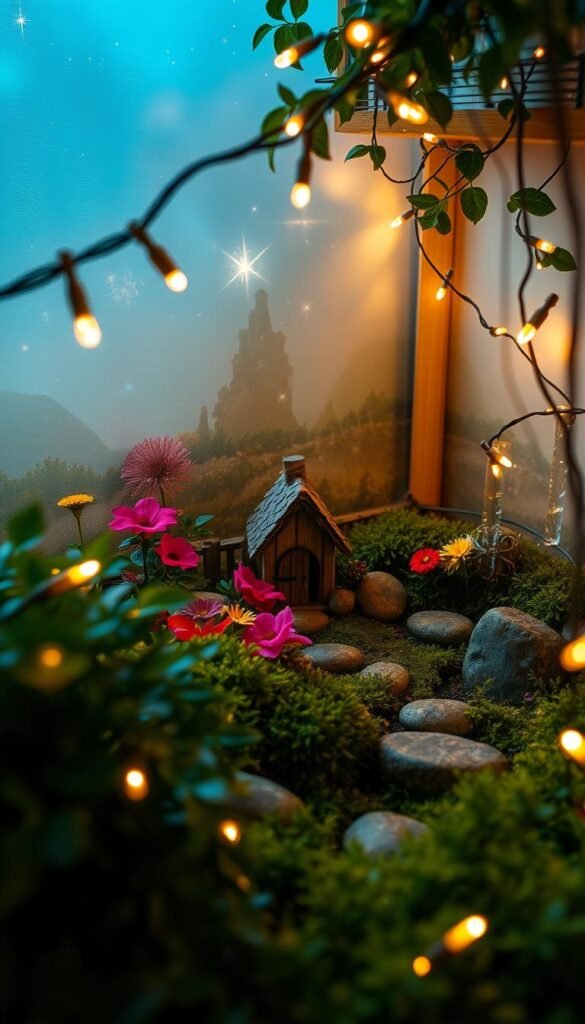 A cozy indoor fairy garden, illuminated by a soft, warm glow. In the foreground, delicate fairy lights are strung across lush foliage, casting a magical ambiance. In the middle ground, a miniature fairy house stands nestled among vibrant flowers and moss-covered stones. Subtle shadows dance across the scene, adding depth and dimension. The background features a wispy, dreamlike landscape, with shimmering crystals and a hint of stardust in the air. The overall mood is one of whimsy, enchantment, and tranquility, inviting the viewer to step into this enchanted indoor oasis.