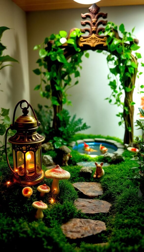 A cozy indoor fairy garden scene, with a miniature stone path winding through lush, verdant moss. In the foreground, a tiny, ornate brass lantern casts a warm, flickering glow, illuminating delicate mushrooms and clusters of glowing fairy lights. Whimsical, hand-crafted figurines of fairies and woodland creatures nestle among the foliage, captured in a moment of enchanting wonder. The middle ground features a small, iridescent pond, its surface rippling with the movement of playful koi fish. In the background, a towering, intricately carved wooden arch draped in cascading vines frames the magical scene, creating a sense of depth and enchantment. Soft, diffused lighting from above casts an ethereal, dreamlike atmosphere, evoking a sense of tranquility and hidden mysteries.