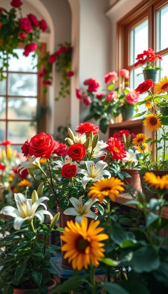 A cozy indoor flower garden, bathed in warm, natural light filtering through large windows. Vibrant blooms of various hues - lush red roses, delicate white lilies, and cheerful yellow sunflowers - adorn the space, their petals gently swaying. Potted plants line the shelves, their green leaves and stems adding depth and texture to the scene. The room has a serene, tranquil atmosphere, inviting the viewer to bask in the calming presence of the blooming flowers. A lens with a shallow depth of field captures the scene, drawing the eye to the captivating floral centerpiece.