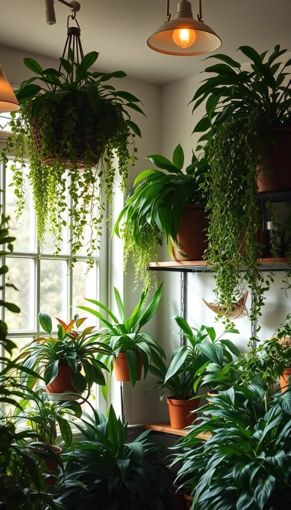 A cozy indoor garden bathed in soft, natural light filtering through large windows. Lush, verdant foliage of various plants cascading down from shelves and hanging baskets, creating a serene, oasis-like atmosphere. Warm, diffused lighting from overhead sconces and task lamps casts a gentle glow, highlighting the textures and colors of the thriving greenery. The camera angles capture the depth and inviting ambiance of the space, showcasing the ideal lighting conditions for an indoor garden.