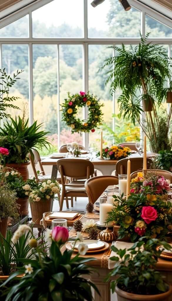 A cozy indoor garden party scene, transitioning through the seasons. In the foreground, lush potted plants and greenery accented with delicate floral arrangements, their vibrant hues shifting from spring's blooms to autumn's warm tones. The middle ground features elegant table settings with rustic wooden elements, complemented by seasonal ornaments and candles, creating a warm and inviting ambiance. In the background, large windows frame a serene outdoor landscape, the view reflecting the changing seasons - from the verdant foliage of summer to the golden leaves of fall. Soft, diffused lighting casts a gentle glow, evoking a sense of tranquility and comfort. A harmonious blend of natural elements and festive decor, capturing the essence of an ever-evolving indoor garden party setting.
