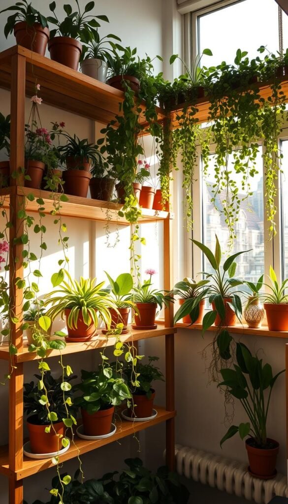 A cozy indoor garden shelf setup, bathed in warm, natural lighting from a large window. Lush, vibrant plants of various shapes and sizes fill the wooden shelves, cascading down in an artful arrangement. Trailing vines and delicate blooms add pops of color, complemented by terracotta pots and minimalist decor. The overall atmosphere is one of tranquility and growth, inviting the viewer to imagine the soothing presence of an indoor oasis. The camera angle showcases the depth and layering of the scene, capturing the sense of a harmonious, thriving micro-ecosystem within the home.
