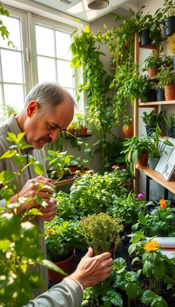 A cozy indoor garden, with lush greenery and vibrant flora. Sunlight streams through large windows, casting a warm glow on the space. In the foreground, a gardener examines a plant, brow furrowed in concentration as they troubleshoot any issues. Shelves line the walls, filled with potted plants, soil, and gardening tools. The middle ground showcases thriving herbs, vegetables, and flowers, each carefully tended. In the background, a small desk holds reference books and a notebook, hinting at the gardener's research and problem-solving efforts. The overall atmosphere is one of peaceful productivity, with the indoor garden serving as a sanctuary for nurturing and improving plant life.