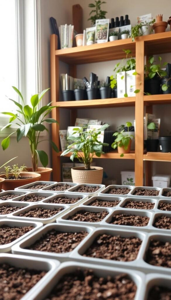 A cozy indoor gardening setup with a well-lit, organized array of seed-starting trays. In the foreground, a series of shallow plastic trays filled with potting mix, ready to be seeded. On a sturdy wooden shelving unit, various seed packets and labels neatly arranged. Soft, natural lighting filters in through a nearby window, casting a warm glow over the scene. In the background, a few lush, thriving houseplants add a touch of verdant ambiance. The overall mood is one of calm, focused cultivation - the perfect environment for nurturing the first stages of plant life.