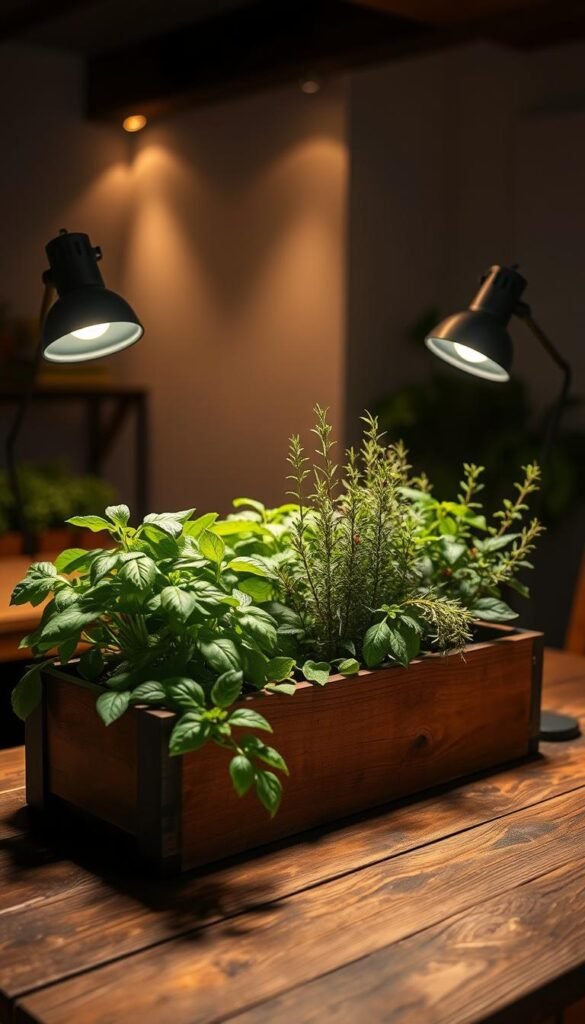 A cozy indoor herb garden bathed in warm, diffused lighting. A wooden planter box sits on a rustic wooden table, housing a vibrant collection of leafy herbs - fragrant basil, lush rosemary, and delicate thyme. Soft, directional lighting emanates from discreet recessed fixtures, casting a gentle glow across the greenery. The overhead lighting is supplemented by a pair of adjustable task lamps, their beams precisely angled to highlight the plants. The overall scene exudes a sense of tranquility and nourishment, perfect for cultivating a thriving indoor herb oasis.