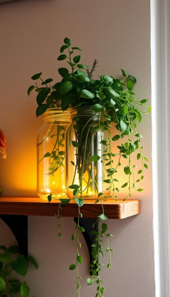 A cozy indoor herb garden setup, with a trio of mason jars filled with thriving basil, rosemary, and mint plants. The jars are artfully arranged on a rustic wooden shelf, bathed in warm, diffused lighting that casts a gentle glow. The shelves are placed against a neutral, minimalist wall, allowing the vibrant greenery to take center stage. Lush, leafy tendrils cascade down the sides of the jars, creating a sense of natural abundance. The overall scene exudes a serene, inviting atmosphere, perfect for showcasing the simplicity and joy of growing herbs indoors.
