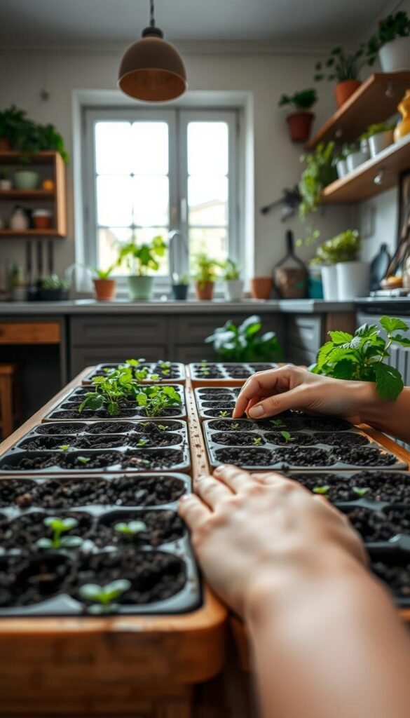 A cozy indoor kitchen with natural light streaming through the windows. In the foreground, a wooden table holds several small planting trays filled with rich, dark soil. Seeds of various vegetables and herbs are carefully arranged, ready to be planted. The middle ground shows a person's hands gently pressing the seeds into the soil, creating perfectly spaced rows. In the background, potted plants and gardening tools line the shelves, creating a serene and nurturing atmosphere. The scene is captured with a soft, diffused lighting that enhances the tranquil mood, inviting the viewer to imagine the joy of growing a thriving indoor kitchen garden.