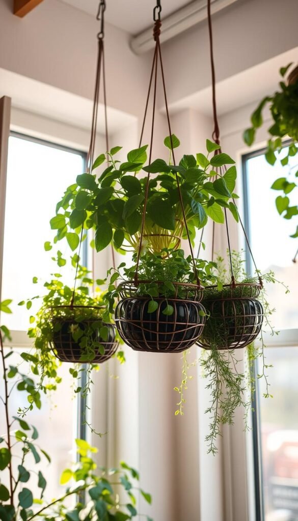 A cozy indoor oasis, a hanging herb garden baskets suspended from the ceiling, lush with verdant leaves and delicate blooms. Soft natural lighting filters through the window, casting a warm glow on the artfully arranged planters. The wire baskets are intricately woven, each holding a different aromatic herb - fragrant basil, earthy thyme, and vibrant rosemary. Trailing vines spill over the sides, adding a touch of whimsy. The scene evokes a sense of tranquility and brings the outdoors in, perfect for a compact urban space. A thoughtful, versatile display that elevates the humble herb into a decorative centerpiece.