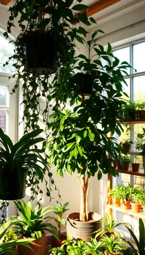 A cozy indoor oasis, a verdant haven within a sun-drenched room. In the foreground, lush foliage cascades from hanging planters, their tendrils dancing gently in the warm breeze. Mid-frame, a large potted tree stands tall, its broad leaves casting intricate shadows on the white-washed walls. In the background, an array of potted plants line wooden shelves, creating a layered, textured display. Warm, natural lighting filters through large windows, illuminating the vibrant greens and earthy tones. The scene exudes a serene, harmonious atmosphere, inviting the viewer to immerse themselves in this peaceful plant-filled lifestyle.