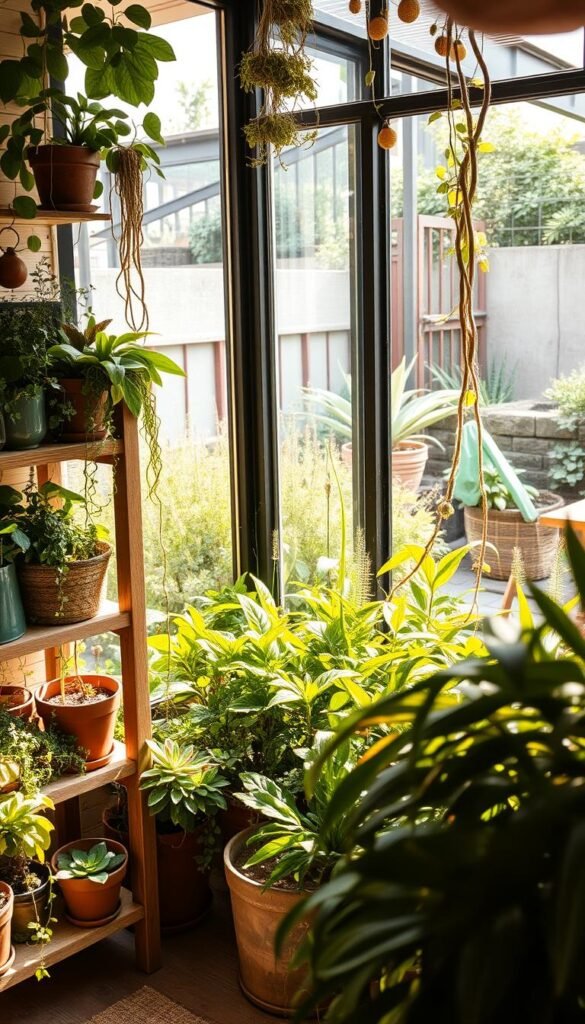 A cozy indoor-outdoor living space with abundant greenery and natural lighting. In the foreground, a variety of potted plants, succulents, and trailing vines adorn a rustic wooden shelving unit positioned near a large window. The middle ground features a lush, verdant garden bed spilling into the room, seamlessly blending the indoor and outdoor elements. Warm, diffused sunlight filters through the window, casting a soft, inviting glow across the scene. In the background, glimpses of a well-maintained, thriving outdoor garden can be seen through the window, creating a sense of unity and harmony between the interior and exterior spaces.