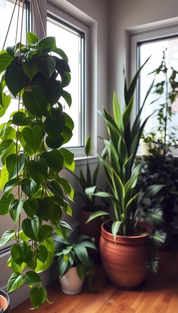 A cozy indoor scene with a selection of lush, low-light tolerant houseplants thriving in a dimly lit corner. In the foreground, a large, trailing philodendron with glossy, verdant leaves cascades from a hanging planter. In the middle ground, a potted snake plant stands tall, its stiff, striped leaves casting dramatic shadows. In the background, a ZZ plant and a Chinese evergreen flank a large window, softly illuminated by the muted, overcast light filtering through. The overall atmosphere is serene and tranquil, inviting the viewer to bask in the calming presence of these resilient, low-maintenance indoor greenery.