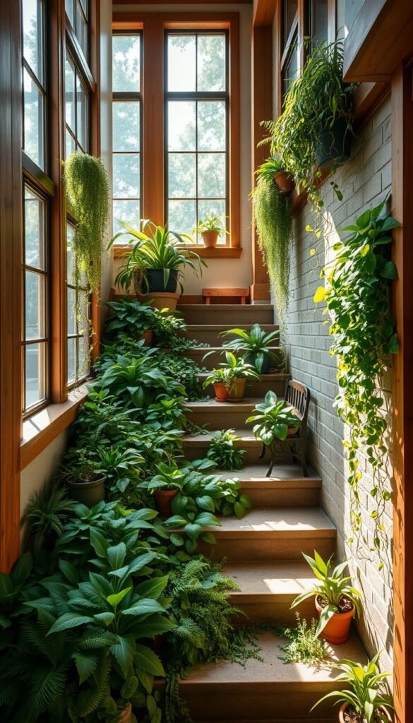 A cozy indoor staircase garden, bathed in soft natural light streaming through large windows. Lush, verdant plants cascading down the steps, creating a serene oasis amidst the architectural lines. Potted succulents, ferns, and trailing vines adorn the treads, while a small wooden bench invites one to pause and admire the verdant display. The scene is framed by the warm tones of wood and stone, evoking a sense of tranquility and harmony between nature and the built environment. A wide-angle lens captures the entire setup, showcasing how this once-neglected corner has been transformed into a vibrant, thriving plant haven.
