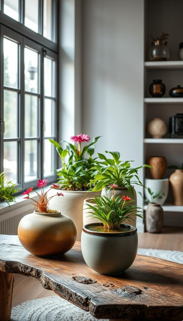 A cozy indoor water garden showcasing a carefully curated selection of containers. In the foreground, a trio of elegant ceramic planters in earthy tones sit atop a rustic wooden table, their still waters reflecting the natural light filtering in through large windows. In the middle ground, a variety of lush aquatic plants, their vibrant foliage and delicate blooms adding pops of color and texture. The background features a serene, minimalist setting, with clean-lined shelving displaying additional container options in a range of materials, from sleek glass to weathered stone. Soft, diffused lighting creates a tranquil, inviting atmosphere, highlighting the beauty and versatility of these water garden containers.