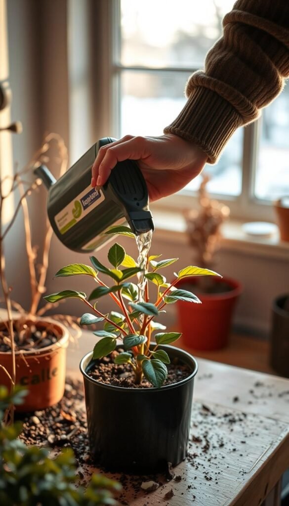 A cozy indoor winter garden scene with a person carefully watering a dormant potted plant. Warm, soft lighting illuminates the serene moment, casting gentle shadows across the soil and plant leaves. The hands delicately adjust the watering can's flow, ensuring the roots receive just the right amount of moisture to sustain the plant during its winter rest. In the background, a window frame hints at the snowy landscape outside, emphasizing the contrast between the vibrant indoor oasis and the chilly outdoors. The composition is balanced, with the plant taking center stage and the gardener's presence subtle yet attentive, capturing the essence of adjusting watering practices for winter dormancy.