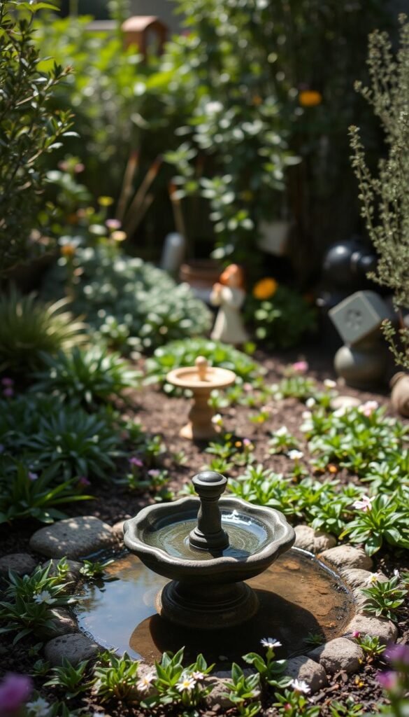 A cozy, intimate garden scene featuring an array of carefully curated small-scale focal points. In the foreground, a tranquil water feature, perhaps a miniature fountain or a simple birdbath, gently reflects the sunlight. Surrounding it, a lush carpet of low-growing groundcover plants, their delicate flowers adding pops of color. In the middle ground, strategically placed garden ornaments, such as a diminutive statue or a whimsical birdhouse, draw the eye inward. The background is framed by a mix of small-scale shrubs and perennials, their varied textures and heights creating a sense of depth and intrigue. The lighting is soft and diffused, lending a serene, dreamlike quality to the scene. The overall mood is one of peaceful contemplation, inviting the viewer to pause and immerse themselves in the tranquil beauty of this intimate garden oasis.