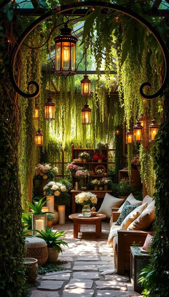 A cozy, inviting boho garden filled with lush, trailing vines and cascading floral arrangements. Soft, warm lighting emanates from a mix of hanging lanterns, string lights, and candles, creating a magical, intimate ambiance. The scene is framed by a wrought-iron archway draped in greenery, leading the eye to a central seating area with rustic wooden furniture and plush, bohemian textiles. Dappled sunlight filters through the foliage, casting gentle shadows and highlights across the scene. The overall atmosphere is one of relaxation, wonder, and a deep connection to nature.
