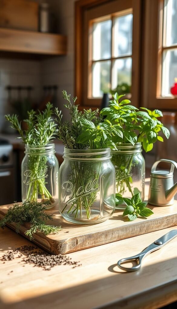 A cozy kitchen countertop with a well-lit, rustic mason jar herb garden. Glass jars filled with thriving rosemary, thyme, and basil plants stand on a wooden board, their lush greenery casting soft shadows. Dried herbs, a small watering can, and a pair of gardening scissors add to the charming, homey atmosphere. Natural light streams in through nearby windows, casting a warm glow over the scene. The overall composition evokes a sense of tranquility and the joy of cultivating fresh ingredients for the kitchen.