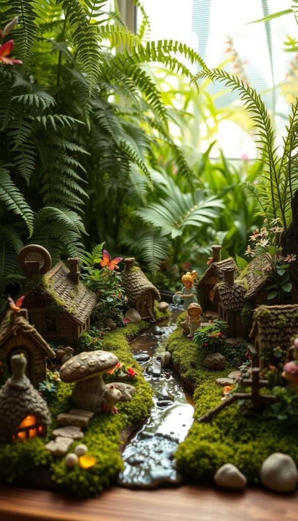 A cozy, miniature fairy village nestled in a lush, indoor garden setting. In the foreground, a quaint cluster of whimsical cottages and mushroom-capped homes, their thatched roofs and mossy walls glowing softly in the warm, ambient light. Delicate fairy figurines tend to their diminutive gardens, watering plants and tending to their tiny chores. In the middle ground, a babbling brook winds its way through the enchanted landscape, its surface reflecting the dancing shadows of fluttering fairy wings. Towering ferns, lush greenery, and delicate flowers form the verdant backdrop, creating a serene, magical atmosphere. Soft, diffused lighting filters through the scene, casting a gentle, ethereal glow over the entire miniature world.