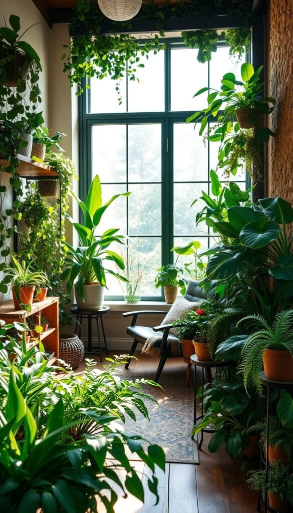 A cozy nook filled with lush greenery, natural light cascading through large windows, creating a serene, biophilic atmosphere. In the foreground, a variety of potted plants, including trailing vines, leafy ferns, and delicate succulents, artfully arranged on wooden shelves and plant stands. The middle ground features a comfortable armchair and side table, inviting one to pause and admire the verdant sanctuary. In the background, a textured, earthy-toned wall serves as a backdrop, enhancing the naturalistic feel. The scene is captured with a wide-angle lens, highlighting the depth and inviting the viewer to step into this tranquil indoor garden oasis.