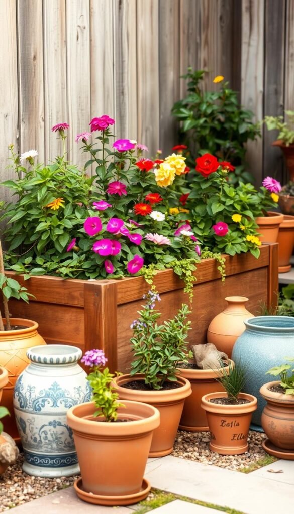 A cozy outdoor garden scene with a raised planter bed overflowing with lush greenery and vibrant blooms, surrounded by an assortment of terracotta pots and decorative containers of various shapes and sizes. Soft, warm lighting casts a gentle glow, accentuating the natural textures and colors. The background features a weathered wooden fence or wall, providing a rustic, inviting backdrop. The overall composition emphasizes the harmonious integration of container and raised bed gardening, creating a visually appealing and space-efficient layout suitable for a small front garden.
