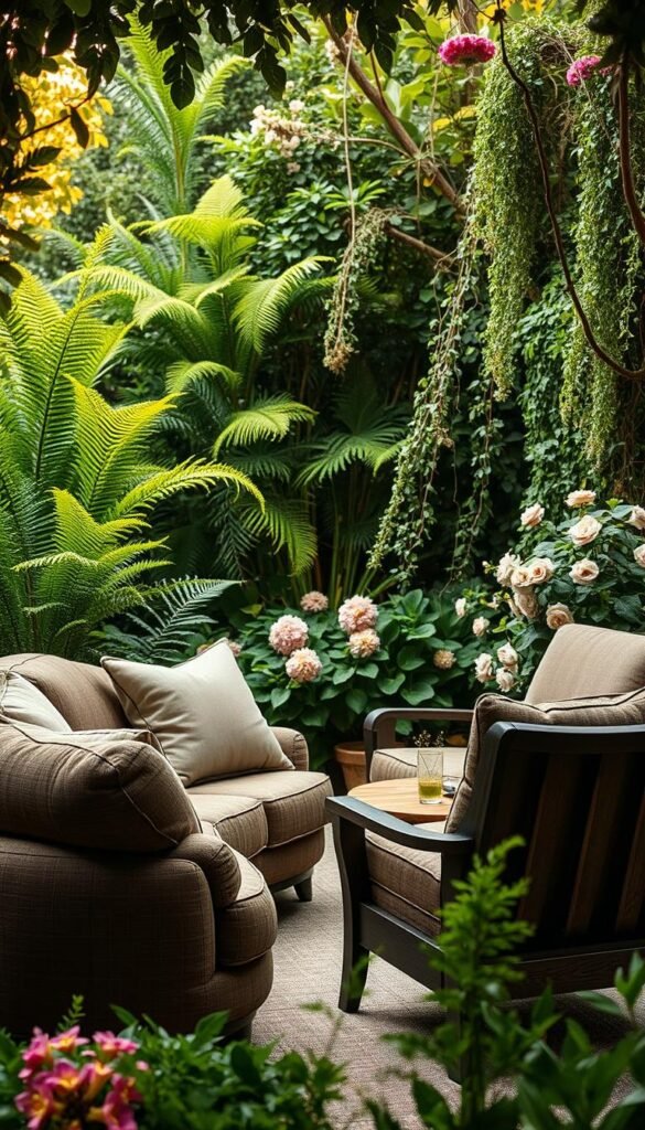 A cozy outdoor reading nook with plush, weatherproof garden furniture. In the foreground, a deep-seated loveseat with thick cushions and a soft, textured upholstery in a muted, earthy tone. Beside it, an equally comfortable armchair with a high, curved back. In the middle ground, a sturdy, wooden coffee table with a rustic, weathered finish. The background features lush, verdant foliage - tall ferns, cascading vines, and blooming flowers that create a sense of seclusion and tranquility. Warm, diffused lighting filters through the canopy, casting a gentle glow on the scene. The overall atmosphere is one of comfort, coziness, and harmony with nature.