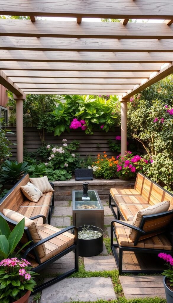A cozy outdoor seating area nestled in a lush garden, with a modular, space-saving design featuring sleek, convertible benches that can be arranged in various configurations. The seating is made of weathered wood and metal, blending seamlessly with the natural surroundings. Overhead, a pergola-style structure casts gentle shadows, creating a warm, inviting ambiance. The layout is complemented by vibrant, blooming plants and a small, visually-appealing water feature, fostering a serene, relaxing atmosphere perfect for entertaining or quiet contemplation. Soft, diffused lighting illuminates the scene, highlighting the careful consideration of both form and function in this harmonious, space-efficient outdoor sanctuary.