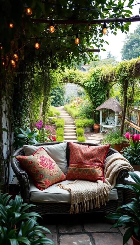 A cozy outdoor seating area nestled in a lush, verdant garden. Plush, inviting cushions on a wicker loveseat beckon visitors to sink in and relax. Colorful, boho-inspired throw pillows and a soft, textured blanket add to the comfy ambiance. Overhead, a canopy of string lights casts a warm, intimate glow, while potted plants and trailing vines frame the scene. In the background, a stone pathway winds through a garden oasis filled with fragrant flowers and whimsical garden decor. Soft, diffused sunlight filters through the foliage, creating a serene and enchanting atmosphere perfect for a moment of peaceful respite.