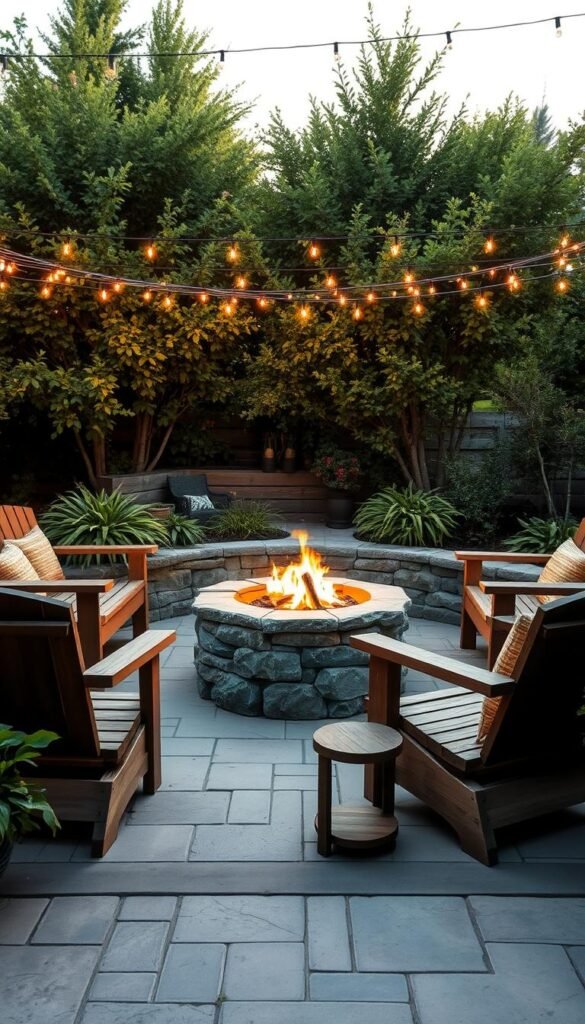 A cozy outdoor seating area with a central stone fire pit, surrounded by plush, weathered wood benches and armchairs. The scene is bathed in warm, golden light from the flickering flames, casting a inviting glow across the well-curated landscape. Lush, verdant foliage frames the space, creating a serene, nature-inspired atmosphere. Delicate patio string lights twinkle overhead, adding a touch of subtle ambiance. The overall design exudes a harmonious blend of rustic charm and modern sophistication, crafting an inviting haven for relaxation and entertainment.