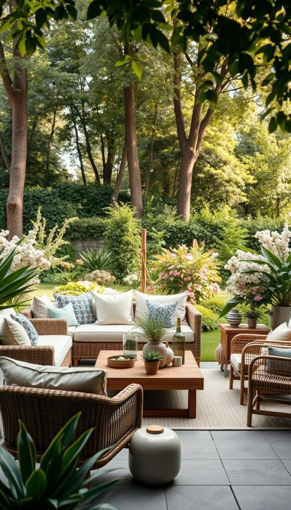 A cozy outdoor seating arrangement nestled in a lush garden oasis. In the foreground, a plush sectional sofa adorned with soft, textured cushions invites you to sink in and relax. Surrounding it, a collection of contemporary accent chairs in natural materials like rattan and wicker, creating an inviting conversation area. In the middle ground, a low-profile wooden coffee table anchors the space, topped with a selection of potted plants and a few decorative accents. The background features a verdant backdrop of tall trees and blooming florals, casting a warm, natural glow across the scene. Overhead, a softly diffused natural light filters through, creating an airy, sun-dappled ambiance. The overall atmosphere exudes a sense of tranquility and comfortable sophistication, perfect for an outdoor living room.