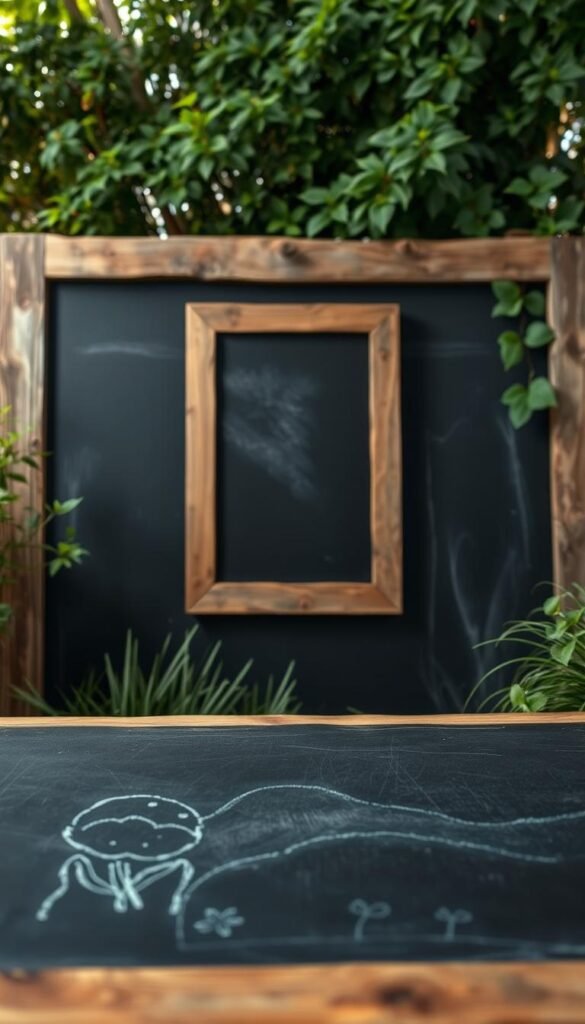 A cozy outdoor space with a handcrafted chalkboard, its surface invitingly textured and worn. In the foreground, delicate chalk drawings outline a serene garden scene, hinting at the endless possibilities for creative expression. The middle ground features a rustic wooden frame, weathered by the elements, complementing the natural surroundings. In the background, a lush greenery backdrop frames the scene, casting a soft, ambient light that enhances the inviting atmosphere. The composition is balanced and visually harmonious, capturing the essence of a welcoming, inspirational space for planning and exploring your custom outdoor chalkboard project.
