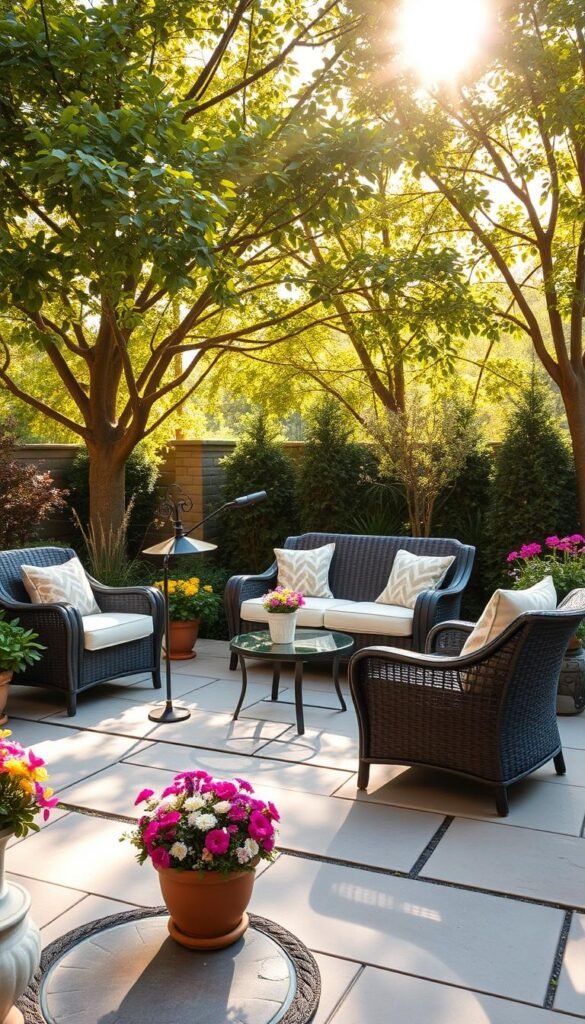 A cozy patio arrangement featuring an inviting outdoor seating area. A plush, wicker loveseat and two matching armchairs are positioned around a sleek, glass-topped coffee table. The furniture is arranged on a natural stone patio, with lush, potted plants and vibrant flowers decorating the surrounding space. Warm, afternoon sunlight filters through a canopy of leafy trees, casting a gentle glow over the scene. The overall atmosphere is one of relaxation and calm, perfect for enjoying the beauty of the outdoor living space.