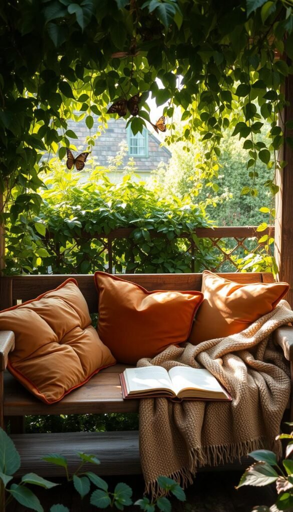 A cozy reading nook in a lush, overgrown garden. Plush velvet cushions and soft, textured throws in earthy tones - ochre, sage, and rust - casually strewn across a rustic wooden bench. Dappled sunlight filters through the canopy of verdant foliage, casting a warm, golden glow. Trailing vines and the flutter of butterfly wings add a touch of whimsy. The scene exudes a sense of comfort and tranquility, inviting you to sink in and get lost in the pages of a beloved book.