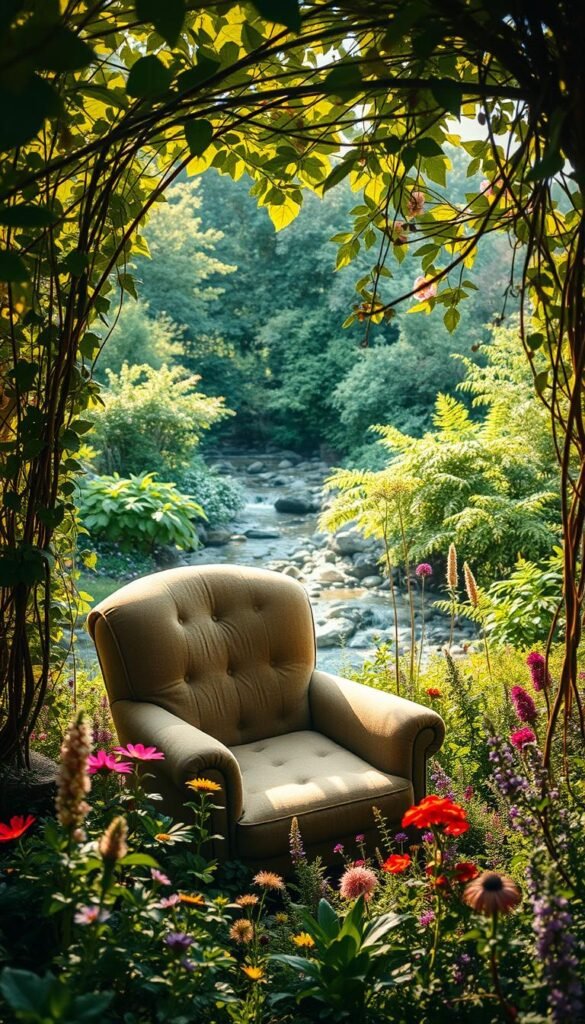 A cozy reading nook nestled in a lush, chaos garden. Dappled sunlight filters through the canopy of vibrant foliage, casting a warm, golden glow across a plush, weather-worn armchair. Trailing vines and wildflowers cascade around the scene, creating a sense of enchantment and seclusion. In the distance, a babbling brook meanders, its soothing sounds adding to the tranquil atmosphere. The camera angle is slightly elevated, capturing the scene from a bird's-eye view, emphasizing the serene, secluded nature of this hidden oasis. Soft, diffused lighting and a shallow depth of field create a dreamlike, inviting ambiance, beckoning the viewer to step into this serene, nature-filled reading sanctuary.